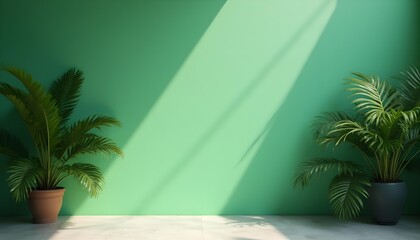 Minimalist green wall with lush tropical leaves under soft, diffused light, casting gentle shadows in a modern architectural setting.