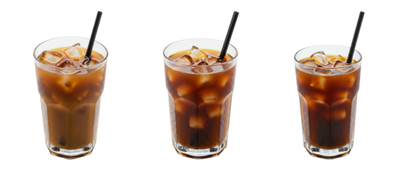 Iced Coffee Drinks Refreshing Beverages with Ice Cubes and Straws. Iced Coffee with Straw