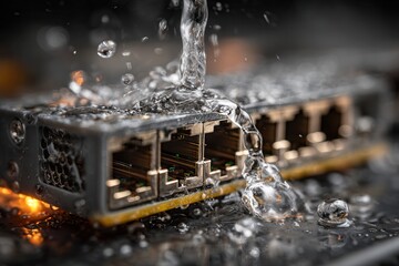 Water Splashing Over Computer Network Switch with Ethernet Ports