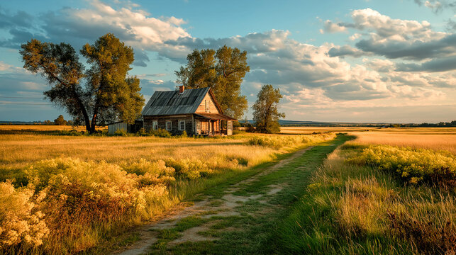 house at sunset landscape in the village