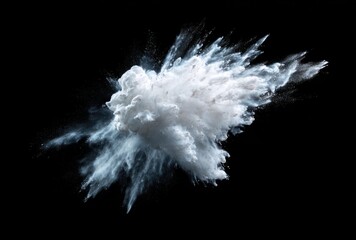 A dynamic, high-speed photograph captures an explosion of white powder against a stark black background, showcasing texture and motion