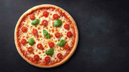 A mouthwatering, perfectly crafted pizza, adorned with fresh tomatoes, basil leaves, and melted cheese on a crispy crust, photographed on a dark background, ready to be devoured.