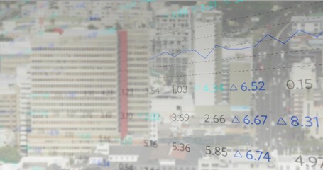 Featuring overlay showing blue line graph over city skyline with dashed trend lines and metrics