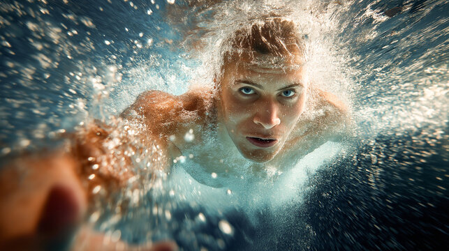 young man in the pool swimming