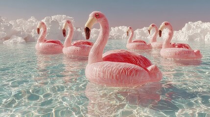 Obraz premium Pool with pink flamingo floats—eye-catching playful scene for summer beachwear advertising; clear blue water with sunlight ripples on surface; large group of inflatable plush-style flamingos