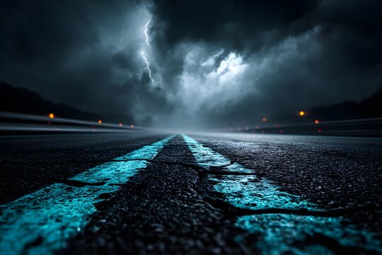 Titel: Asphaltstra&szlig;e mit Blitz und dramatischem Himmel 
