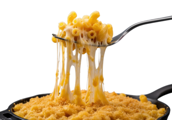 Extreme close-up of silver fork lifting golden-yellow baked macaroni and cheese with long, elastic cheese strands, muted gray studio background. Concept of delicious comfort food