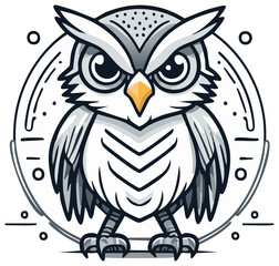 Stylized Cartoon Owl in Circle with Dots and Lines
