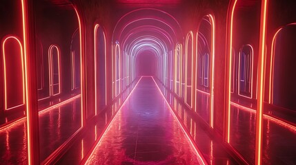 Neon light tunnel abstract background futuristic architecture glowing corridor interior perspective view 3d