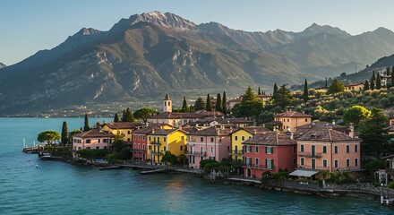 Colorful lakeside village mountains
