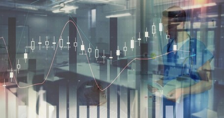 Consulting male doctor reviewing file in clinic, with stethoscope and financial chart overlays