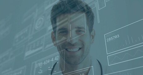 Smiling doctor displaying telemedicine interface during consultation, with lab coat and stethoscope