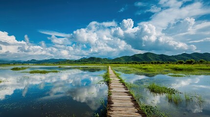 the damaged wetland regains vitality after restoration, aquatic plants grow luxuriantly, migratory birds inhabit here, the water surface reflects blue sky and white clouds