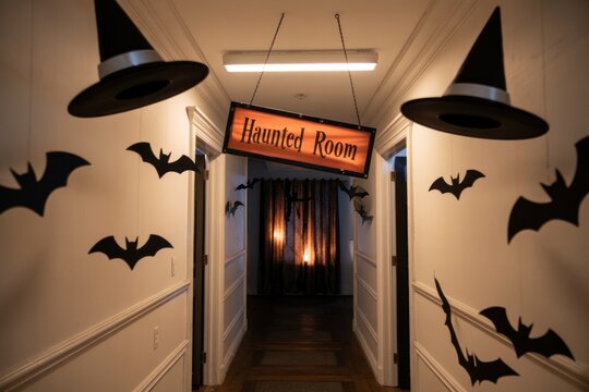 Spooky hallway decorated for Halloween with bats and witch hats, leading to a dimly lit room.