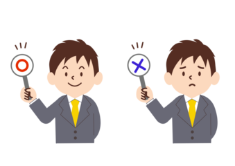 マルとバツを出すビジネスマン　スーツを着た男性のイラスト　シンプル,かわいい,ビジネスパーソン,丸バツ
