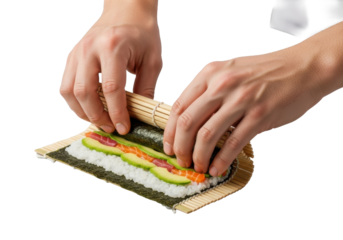 Skilled sushi chef hands shape vibrant maki sushi with glossy rice, nori, colorful fish, and fresh vegetables on a bamboo mat, transparent background, culinary artistry