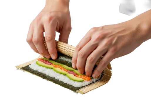 Skilled sushi chef hands shape vibrant maki sushi with glossy rice, nori, colorful fish, and fresh vegetables on a bamboo mat, transparent background, culinary artistry