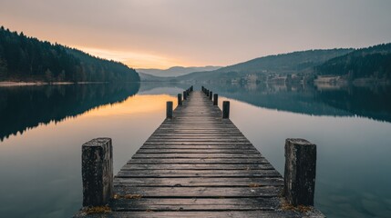 Naklejka premium Calm wooden pier extends into a serene lake at sunrise