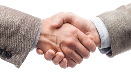 Close-up of two hands shaking, dressed in light gray business suits