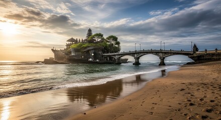 Dramatic sunset over the iconic Tanah Lot Temple on the coast of Bali Indonesia.