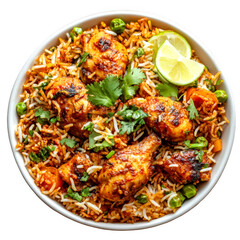Fototapeta premium Bowl shows flavored rice with seasoned chicken and lime 