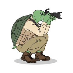 Obraz premium Anthropomorphic Turtle Photographer Crouching with DSLR Camera