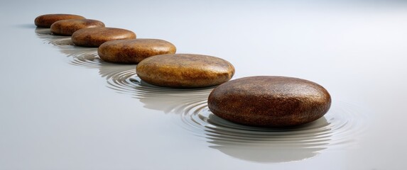 Smooth brown stones aligned on water, creating small ripples and reflecting the light, against a muted white background