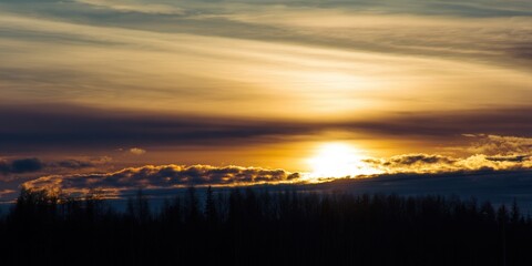 Obraz premium A stunning sunset paints the sky with warm colors over a silhouetted forest, creating a peaceful outdoor scene.
