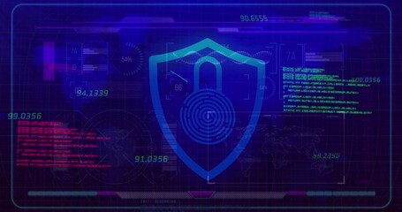 Obraz premium Showing shield bearing padlock and fingerprint design at center of neon HUD, with numeric readouts