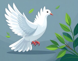 Obraz premium A serene, stylized illustration portrays a white dove in flight, surrounded by lush greenery, evoking a peaceful and hopeful atmosphere.