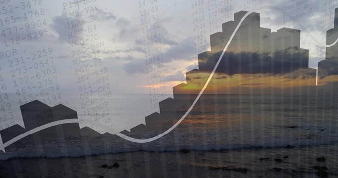 Overlaying blocky bar chart silhouette and data codes over waves at dusk, with ascending line graph
