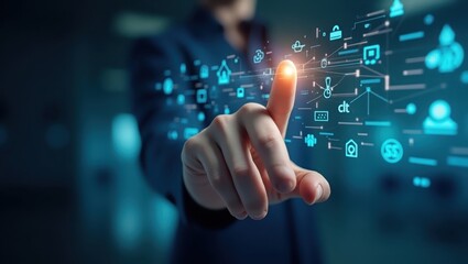 A hand interacts with a digital interface displaying a network of interconnected icons, highlighting the concept of a comprehensive system.
