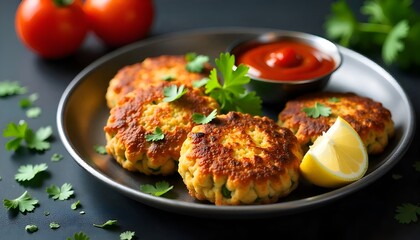 Tasty Indian Appetizer Plate Featuring Aloo Tikki, Ragda Patties, and Cutlet with Tomato and Imli Chutney on a Dramatic Background. 