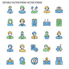 Fototapeta premium Customer service support help desk call center operator vector icon set outline stroke editable line style design