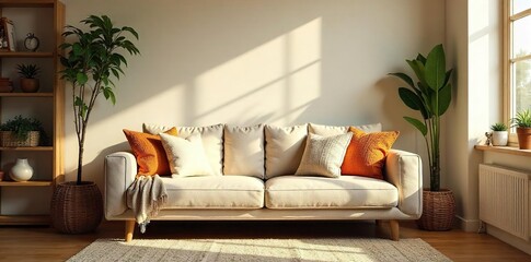 Cozy living room with comfy couch, throw pillows, and a warm, inviting atmosphere, perfect for relaxation and family time  Sunlight streams through the window ,  comfort,  house,  pillows