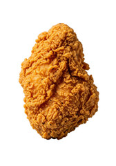 A perfectly fried piece of Southern fried chicken, deep golden-brown with crispy, craggy texture, glistening on a transparent studio background. Classic comfort food appeal