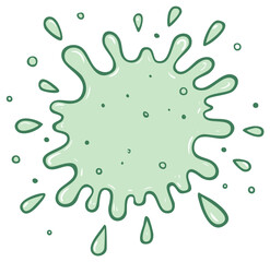 Vibrant Green Cartoon Splat Illustration, Dynamic Liquid Spill with Scattered Drops and Outline Style