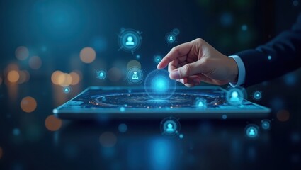 A hand interacts with a tablet displaying a network of interconnected profiles, highlighting digital communication and social connections.