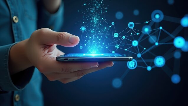 A person holds a smartphone displaying a network of interconnected icons, highlighting digital connectivity and app integration.