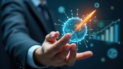 Fototapeta premium A hand holds a glowing, interconnected globe with a rocket, symbolizing global expansion and technological advancement.