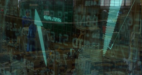 Digital financial chart overlaying technicians in coveralls inspecting parts in factory, with gear