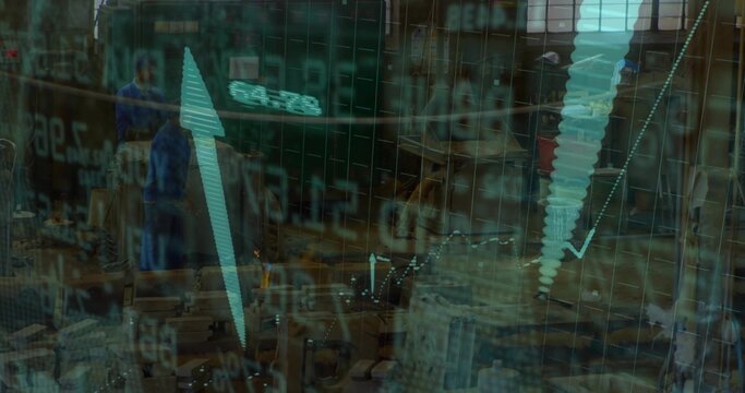 Digital financial chart overlaying technicians in coveralls inspecting parts in factory, with gear