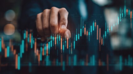 Hand interacts with rising teal/orange candlestick chart against blurred background, representing financial growth
