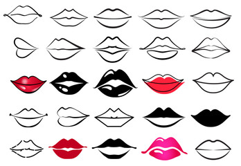 Woman's lip gestures icon vector set. Girl mouths close up expressing different emotions illustration sign collection. Kiss symbol.