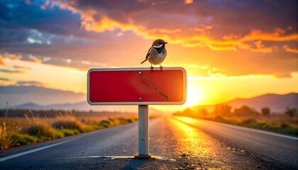 Sparrow on a roadside sign at sunset