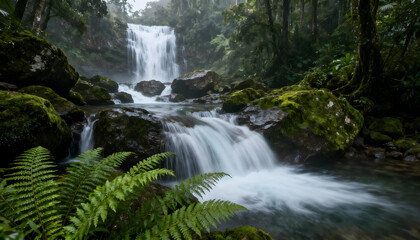 Fototapeta premium Lush rainforest waterfall with silky cascades and mossy rocks