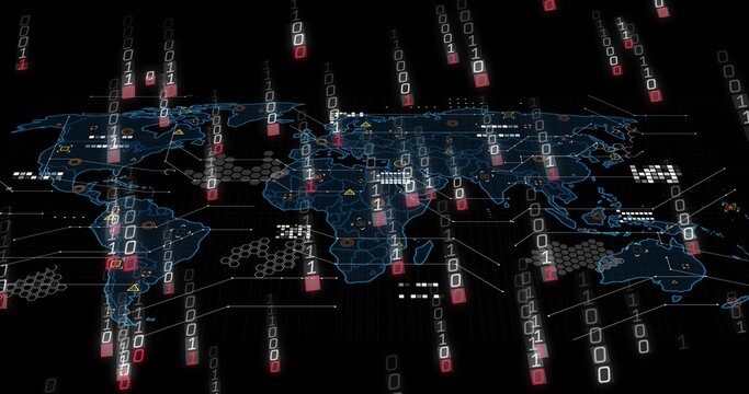 Displaying world map in data, binary streams network links hex grid and triangular warning icons