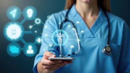 A medical professional displays a holographic network of medical data on a tablet, showcasing the integration of technology in healthcare.