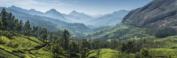 Obraz premium Misty mountain landscape features rolling hills, green terraces, and forested areas under a soft, diffused light