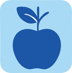 Simple blue apple icon with leaf and stem on light blue background for healthy lifestyle and nutrition concepts